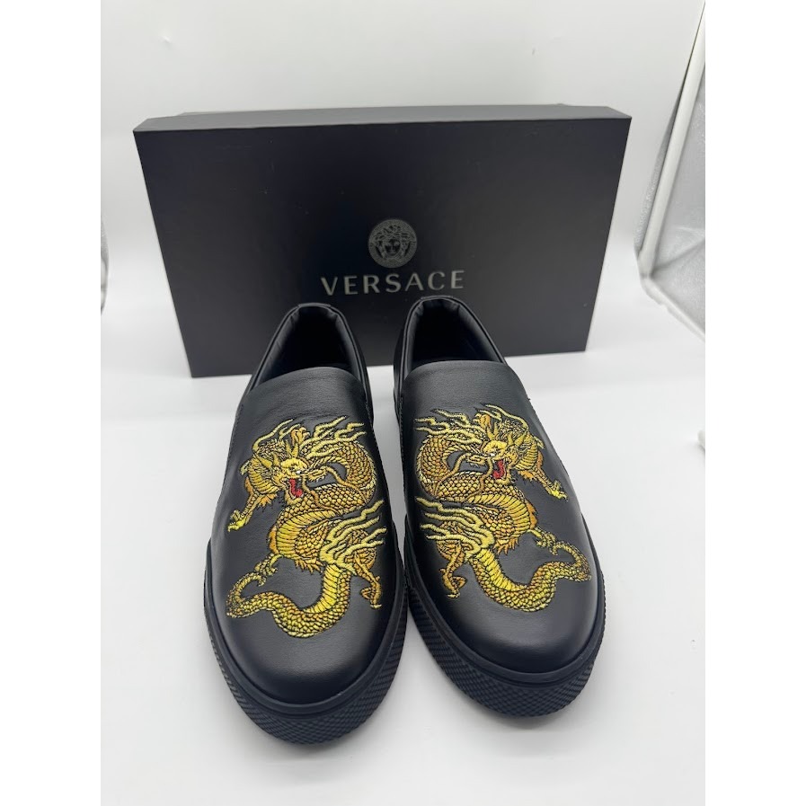 Versace Dragon Slip On Sneakers Black Gold Leather Mens Us 7.5 Eu 39.5 New Box